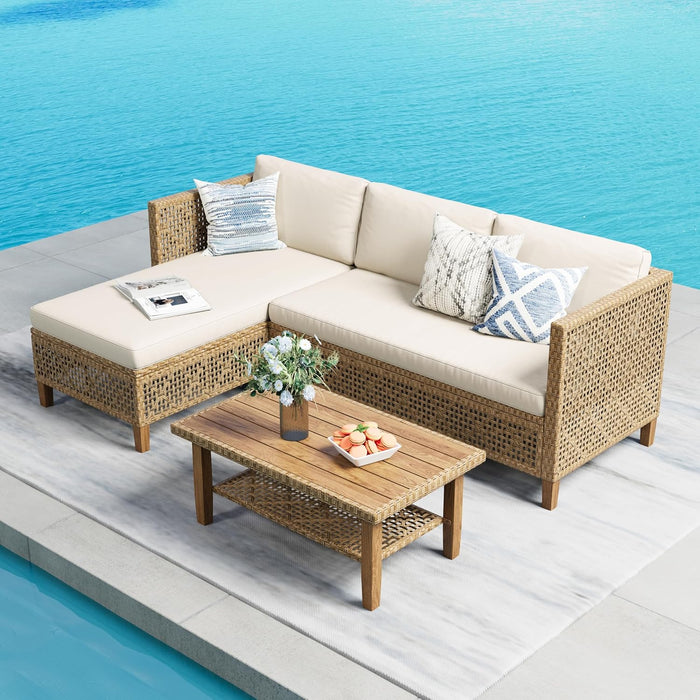 Outdoor Wicker Patio Conversation Set, Acacia Wood Patio Chaise Longue Conversation Set with Coffee Table & Cushions Garden Furniture Sets