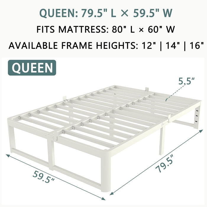 Queen Bed Frame, 16 in Reinforced Heavy Duty Metal Platform Bed, White