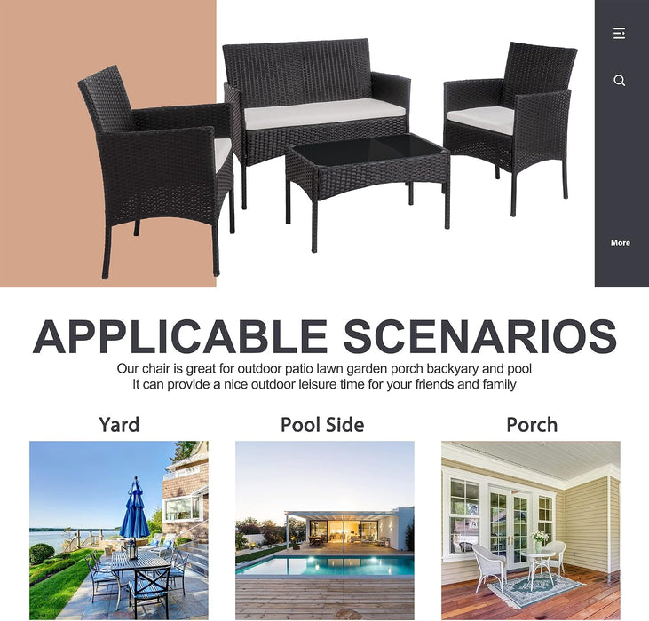 4 Piece Outdoor Patio Furniture Sets, Small Wicker Patio Conversation Furniture Rattan Chair Set with Tempered Glass Coffee Table for Backyard Porch Garden Poolside Balcony,Black