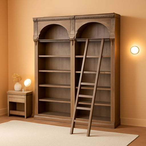 Traditional 8' Tall Wood Bookcase Wall with Ladder Office Storage Brown