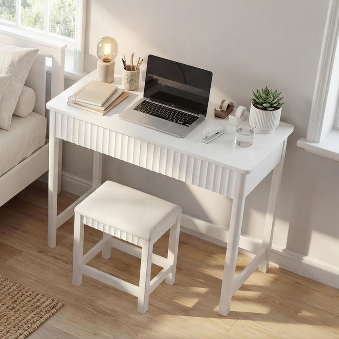 40 Inch Modern Desk with Drawers, Makeup Vanity Desk with Padded Stool, Small Home Office Desk for Bedroom, White