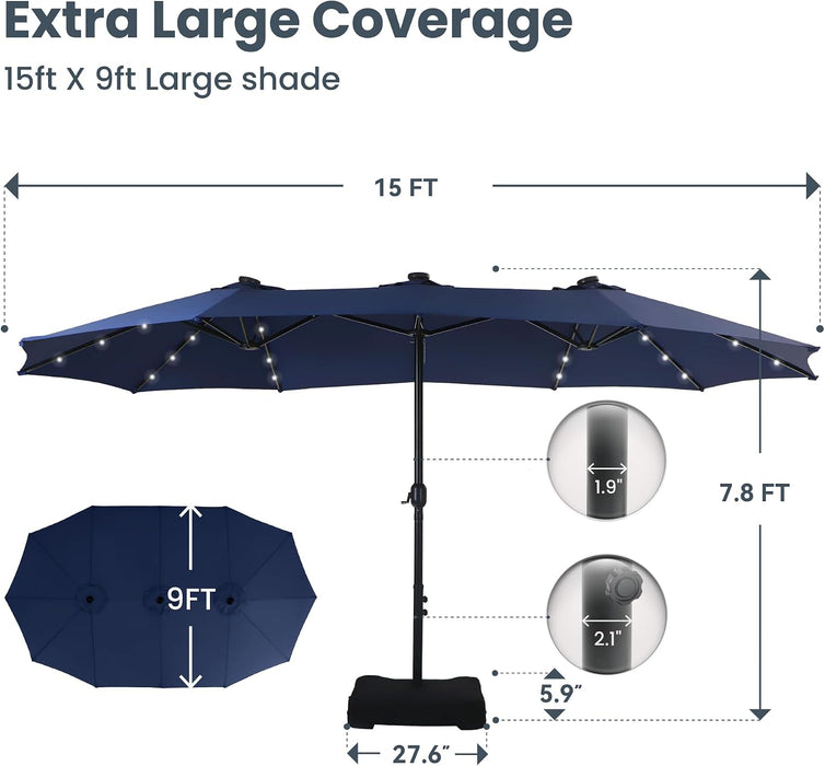 15Ft Large Patio Umbrella with Base & Solar Lights,Rectangle,Navy