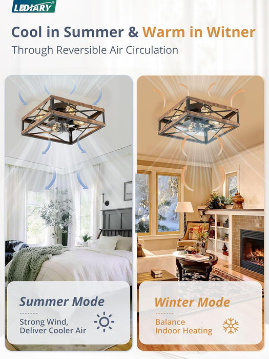 Caged Low Profile Ceiling Fans with Lights and Remote, Rustic Square Flush Mount Ceiling Fan, 6 Speed and Reversible, Small Farmhouse Bladeless Ceiling Fan for Bedroom, Kitchen, Dining Room