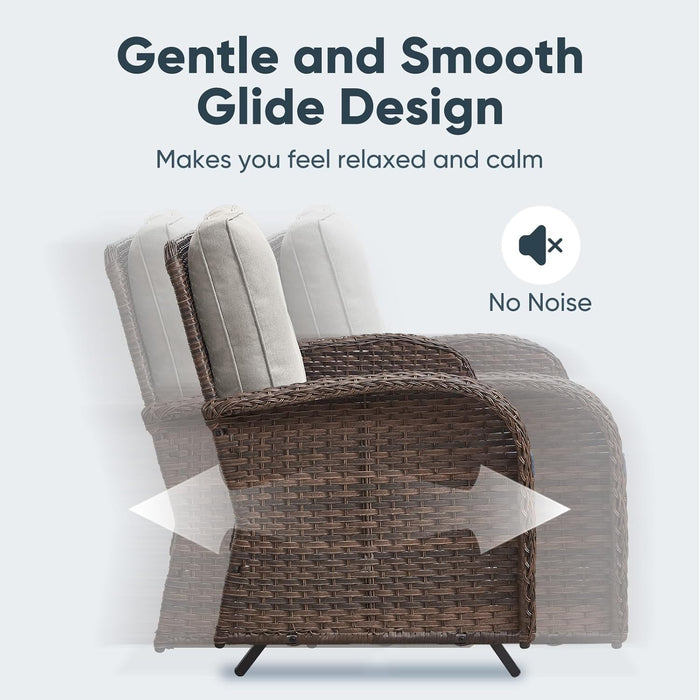 5 Piece Outdoor Patio Furniture Set with 50000 BTU Propane Fire Pit Table, Deep Seating Wicker Swivel Rocker Chairs and Loveseat Glider Patio Conversation Set for Poolside Deck Backyard Grey