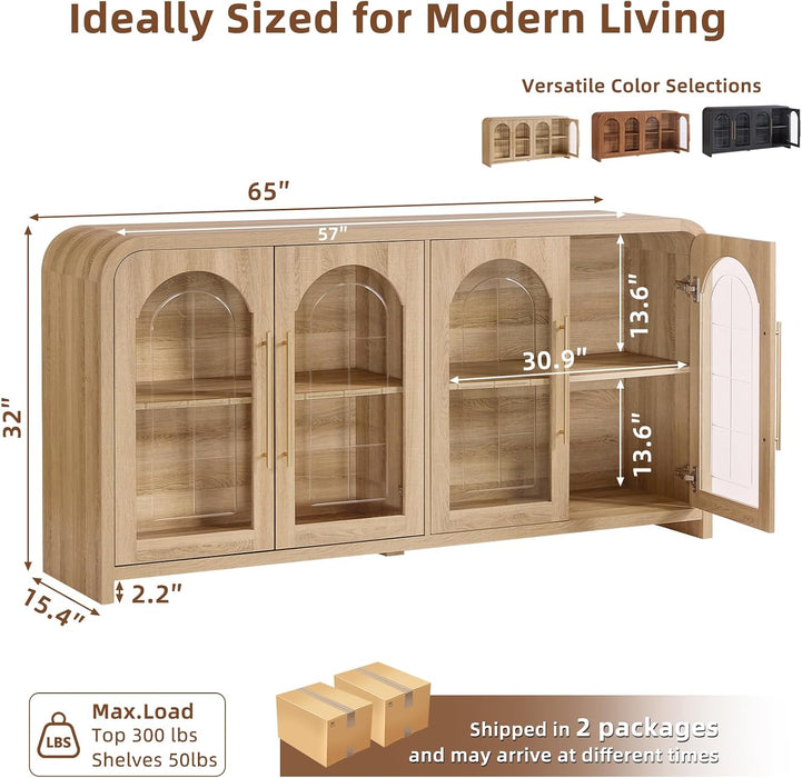 65" Sideboard Buffet Cabinet with Arched Glass Doors, Natural | Modern Wood Sideboard, Spacious Storage Credenza, Adjustable Shelves, Living Room Accent Cabinet, Dining Room & Entryway Use