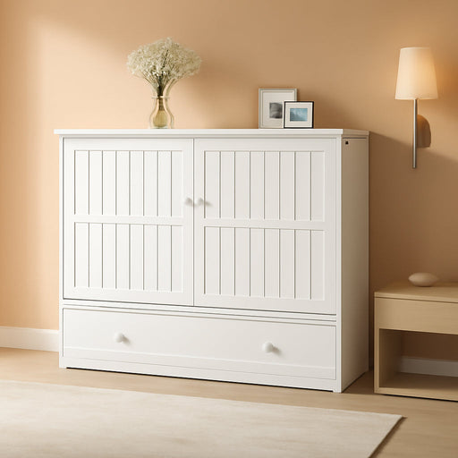 Murphy Bed Cabinet with Built-In 3 Charging Station and 2 Storage Drawers, Solid Wood Cabinet Bed Queen Size with Mattress, Murphy Cube Chest Bed for Guest Room (White-Murphy Bed A)