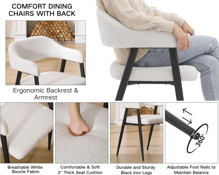 Modern Dining Room Arm Chairs Set of 4, Faux Sherpa Boucle Upholstered Barrel Dining Chairs with Arms Mid-Century White Accent Chair with Metal Legs, Open-Back Kitchen Side Chair for Living Room