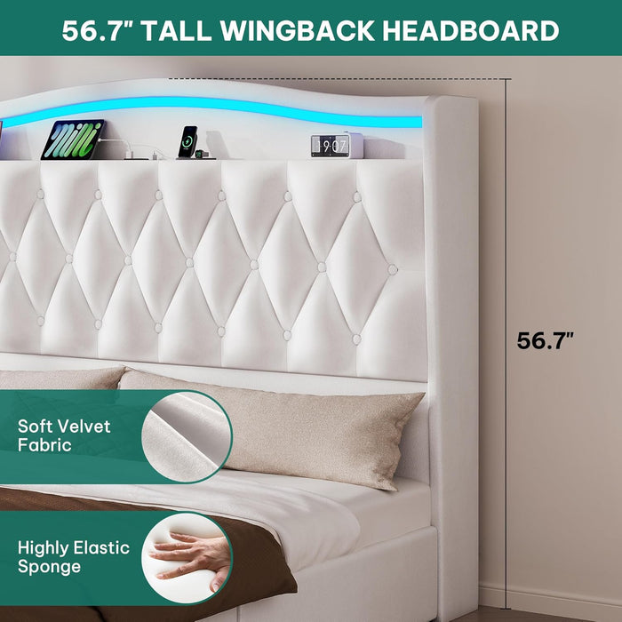 King Size Bed Frame with 4 Storage Drawers and RGB LED Lights, 57'' Tall Headboard Velvet Upholstered Bed with Charging Station, No Box Spring Needed, Easy Assembly, Noise-Free, White