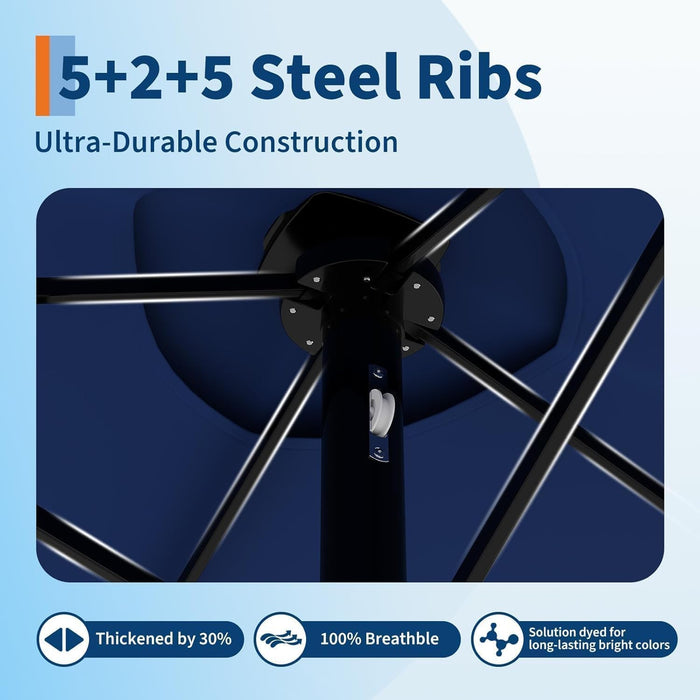 15FT Outdoor Patio Umbrella,Double-Sided Rectangle Market Umbrella with 36 LED Solar Lights & Base,Uv50+ Weather-Resistant Oversized Outdoor Umbrella,Crank Lift,3-Way Shade for Pool,Garden,Backyard