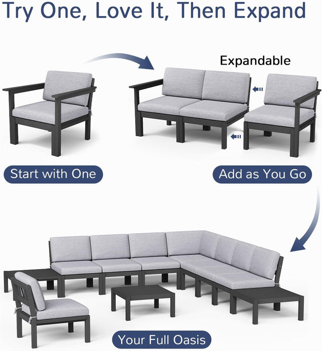 6-Piece Patio Sectional Sofa Set, Modular Outdoor Furniture Set - All-Weather Waterproof HIPS Frame & Quick-Dry Olefin Cushions, Black