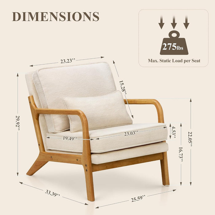 Beige Mid Century Upholstered Armchair Lumbar Pillow