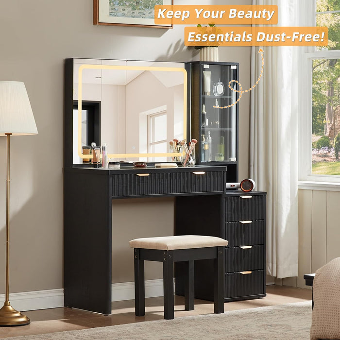 Black Vanity Desk with Mirror and Lights with Stool, 43.5'' Fluted Makeup Vanity with 6 Drawers and Adjustable Shelves,Wood Make up Vanity Set with Glass Top and Power Outlet for Bedroom
