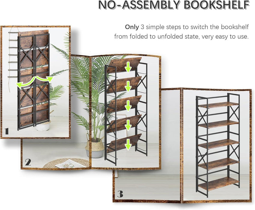 5 Tiers No Assembly Book Shelves, 51.2" H Folding Bookshelf Bookcase Open Industrial Foldable Shelves for Bedroom, Living Room, Home Office - Rustic Brown Black
