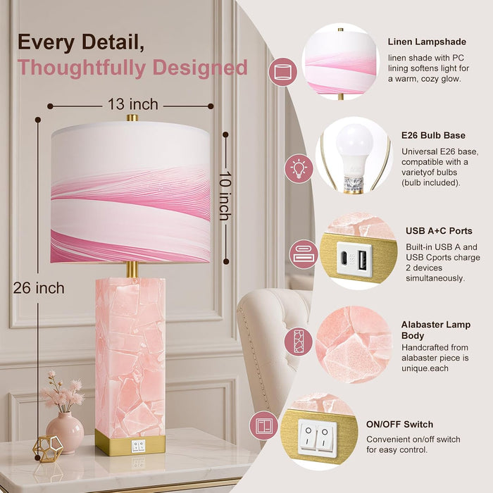 Pink Alabaster Table Lamp Set of 2 with Night Light for Bedroom