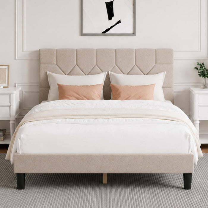 Full Size Bed Frame, Full Bed Frame with Wood Slats Support, Linen Upholstered Pull-Point Headboard, No Box Spring Needed, Metal Support Heavy Duty Feet, Easy Assembly, Beige