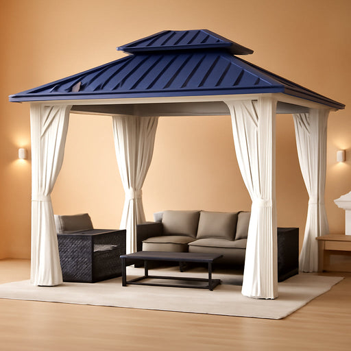 10'X12' Gazebo Hardtop, Galvanized Steel Double Roof Metal Gazebo with Aluminum Frame, Permanent Outdoor Pavilion with Curtain and Netting for Patio Lawn and Garden, Blue