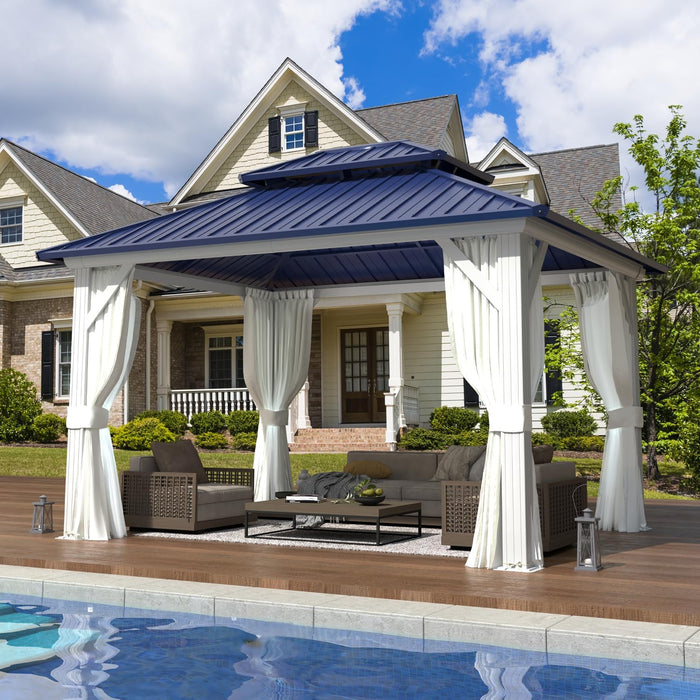 10'X12' Gazebo Hardtop, Galvanized Steel Double Roof Metal Gazebo with Aluminum Frame, Permanent Outdoor Pavilion with Curtain and Netting for Patio Lawn and Garden, Blue