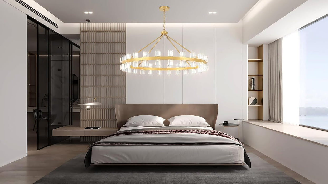 48 Inch Gold Wagon Wheel Chandelier with Crystal Shade, 48 Lights, Modern Farmhouse Style, Ideal for Dining Room, Kitchen, Entryways