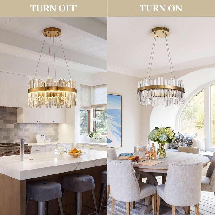 19.7'' Dimmable Modern LED Crystal Chandeliers,Gold Chandelier Light Fixture, 3 Colors Contemporary Pendant Ceiling Light for Dining Room Living Room Kitchen Island Entryway Foyer ,With Remote Control
