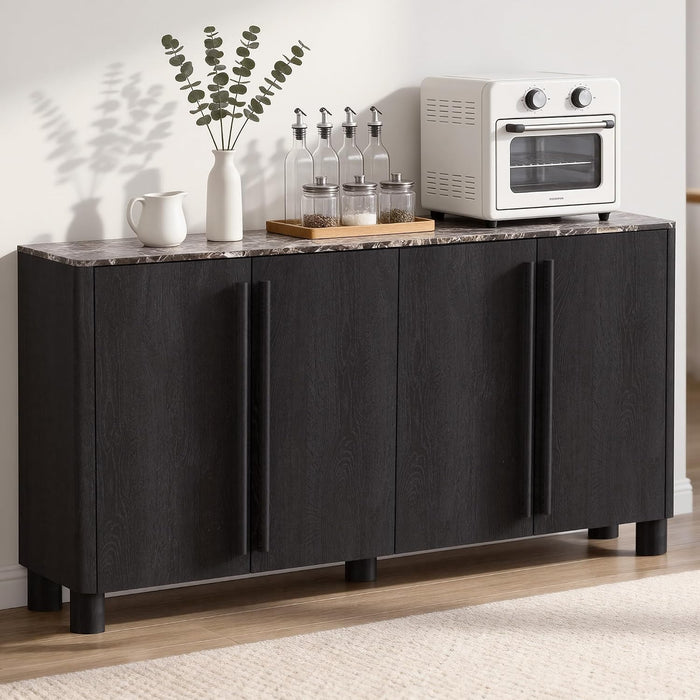 65" Sideboard Buffet Cabinet with Storage, Faux Marble Top Credenza with Adjustable Shelves, Curved Accent Cabinet with round Legs for Living Room, Entryway, Coffee Bar, Black Grey