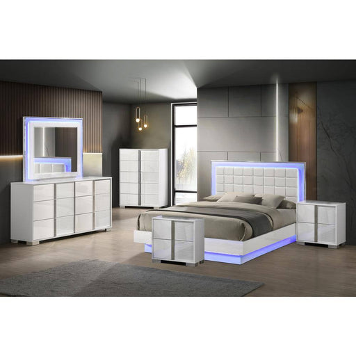 Elma 6-Piece White Lacquer Faux Leather Wood Frame Queen Platform Bedroom Set with LED