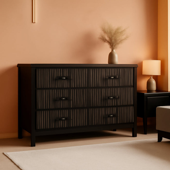 47" Wide Fluted 6 Drawer Dresser for Bedroom, Black
