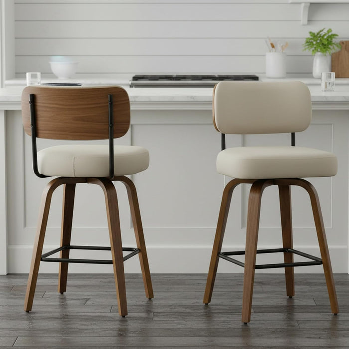Swivel Bar Stools Set of 3, 26" Counter Height, Beige Grey | Walnut Wood Legs, Upholstered Seat, Supportive Backrest, Easy-Clean Faux Leather, Mid-Century Modern, 4-Inch Cushion