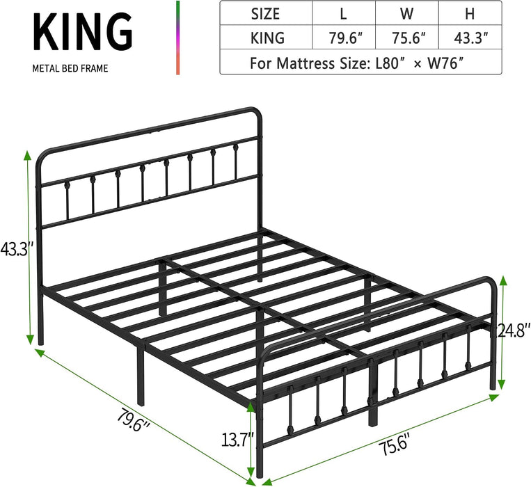 King Size Metal Bed Frame with Headboard and Footboard,Black