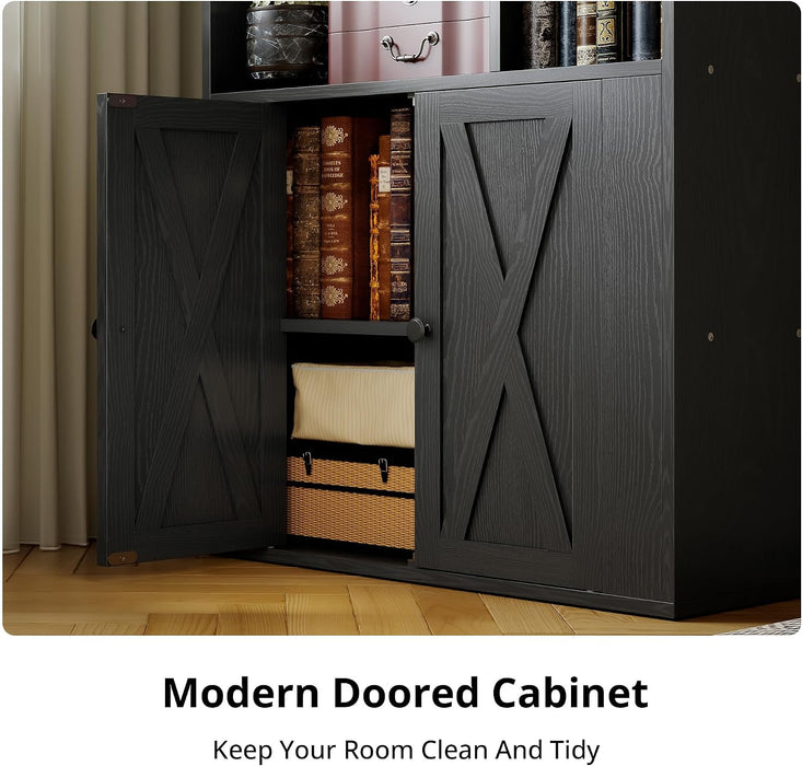 4-Tier Bookcase with Doors, Tall Storage Bookshelf, Black