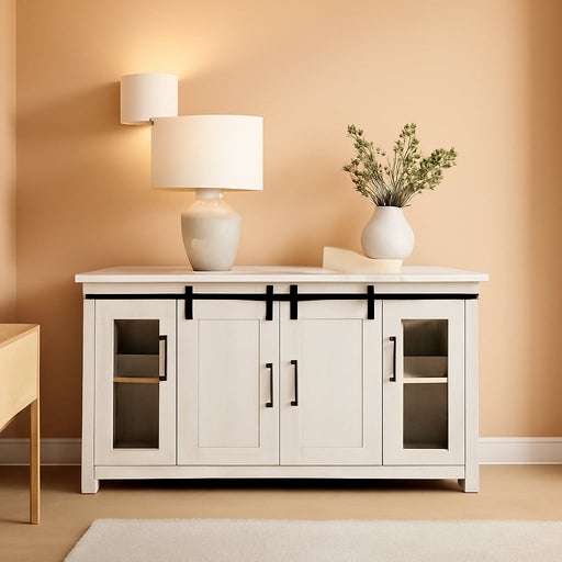 Rustic 65” Solid Wood TV Stand with Storage, All Antique White