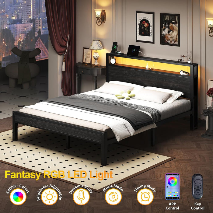 Full Size Bed Frame with LED Lights and Charging Station, Black
