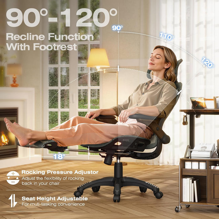 X100 Ergonomic Mesh Office Chair with Footrest, Big and Tall Home Desk Chair with 5D Flip-Up Arms, Adjustable 3D Lumbar Support, Gaming & Executive Computer Chair (Forest Ranger)