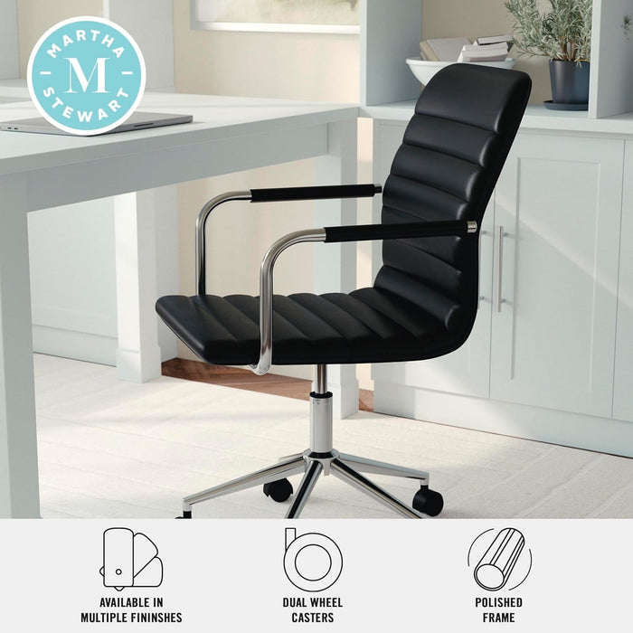 Taytum Swivel Task Chair with Armrests for Home Office in Black Faux Leather with Polished Nickel Frame