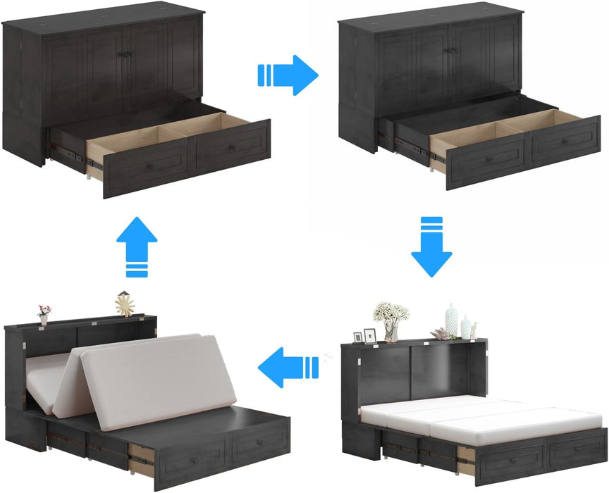 Queen Murphy Bed with Mattress Included - Solid Wood - Hideaway Chest Beds with 2 Storage Drawers, USB Charging Ports - Space Saving Murphy Cabinet Bed for Guest Room, Bedroom