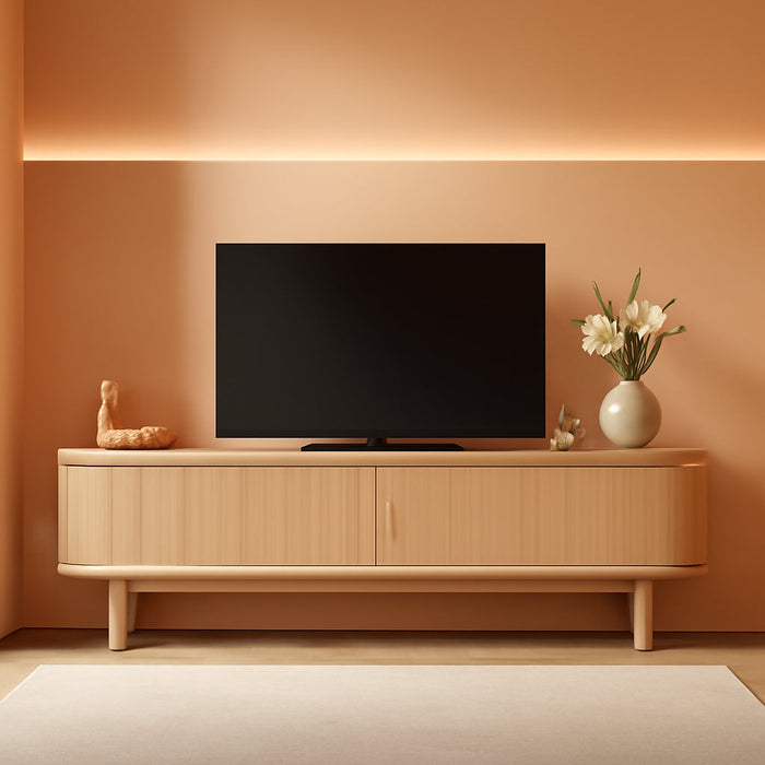 70" Fluted TV Stand for Tvs up to 80 Inch, Mid Century Modern Entertainment Center with Storage Cabinet and Sliding Doors, Farmhouse Wood Media TV Console for Living Room, Bedroom, Oak