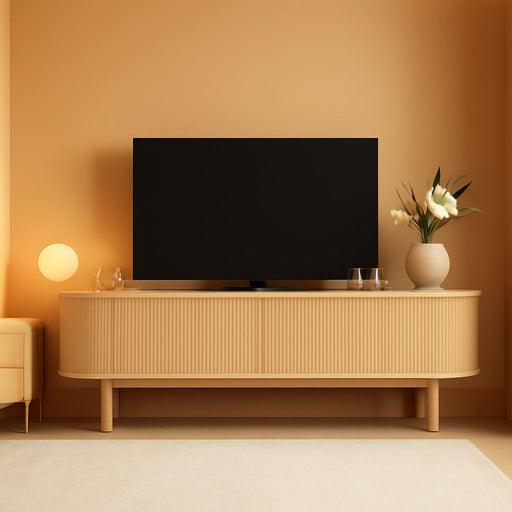 70" Fluted TV Stand for Tvs up to 80 Inch, Mid Century Modern Entertainment Center with Storage Cabinet and Sliding Doors, Farmhouse Wood Media TV Console for Living Room, Bedroom, Oak