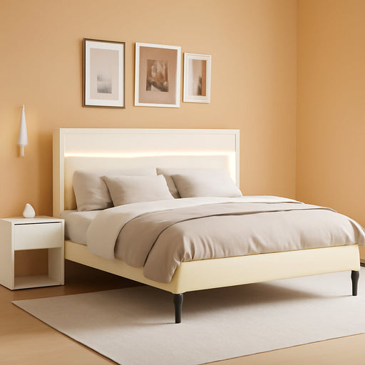 Queen PU Upholstered LED Bed Frame with Rolling Storage Nightstands, Bed Frame Queen Size with Charging Station, Wooden Slats Support, No Box Spring Needed, Noiseless, Beige White