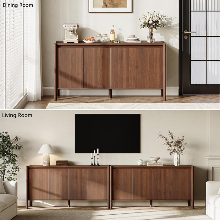 59 Inch Walnut Buffet Cabinet, Mid Century Wood Sideboard Storage | 4 Doors and Adjustable Shelves, Solid Wood round Legs. Ideal for Kitchen, Living Room, Coffee Bar, Dining Room.