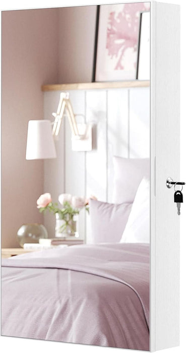 Mirror Jewelry Cabinet Armoire with Built-In LED Lights, Wall or Door Mounted Jewelry Storage Organizer, 3.8 X 14.6 X 26.4 Inches Hanging Mirror Cabinet, Gift Idea, White UJJC050W01