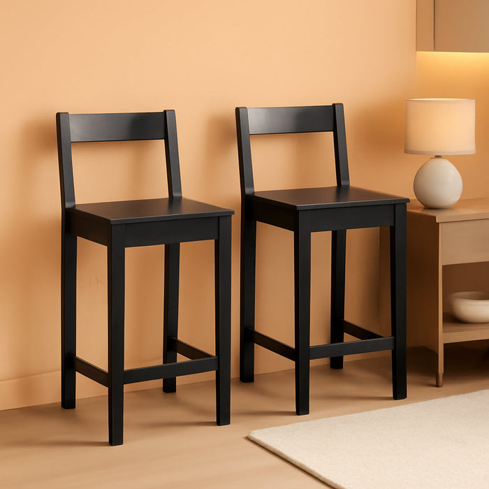Wooden Bar Stool with Backrest, Black, Set of 2