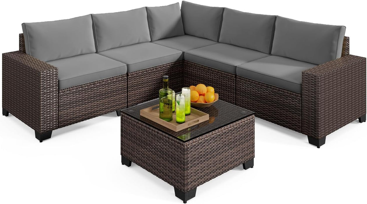 6-Piece Outdoor Patio Furniture Set, PE Wicker Rattan Sectional Sofa Conversation Set with Thickened Cushions and Coffee Table, All-Weather Patio Furniture for Garden, Backyard, Poolside, Grey