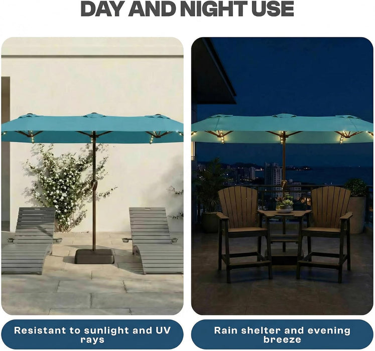 15FT Patio Umbrella with Solar Lights, Double-Sided Extra Large Outdoor Table Umbrella with Base Included, Heavy-Duty 12 Iron Ribs Market Umbrella for Garden, Pool, Backyard, Sky Blue