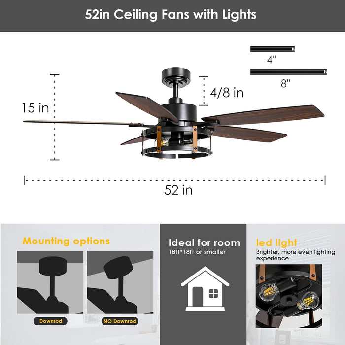 52 Inch Ceiling Fan with Light and Remote Control, Farmhouse Ceiling Fans with LED Lighting for Indoor and Outdoor, Black Caged Ceiling Fan for Bedroom Living Room and Garage