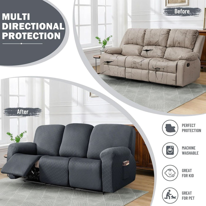 Diamond Recliner Sofa Covers 10-Pieces Stretch Large RV Couch Covers for 4 Seats Reclining Slipcovers Soft Solid Furniture Protector (Grey,4 Seat)