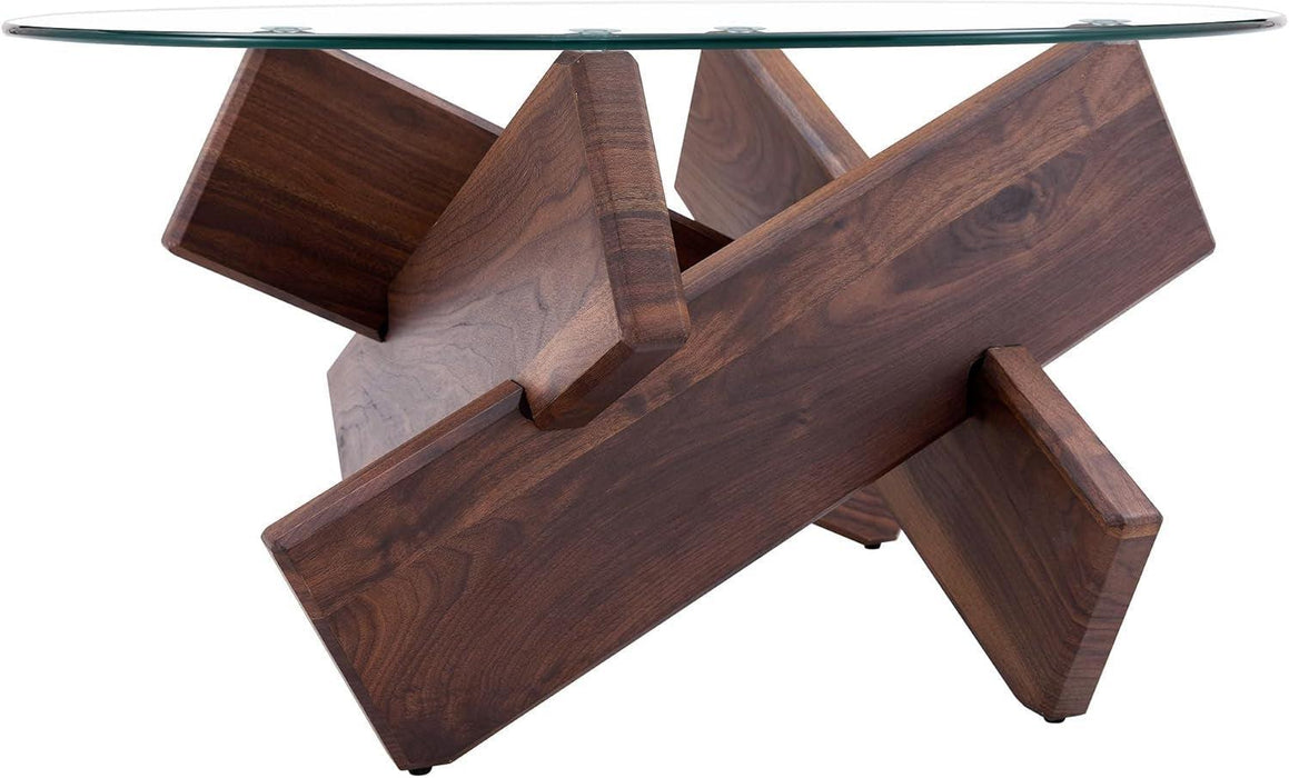 Round Glass Top Coffee Tables for Living Room, 33.4 Inch Rustic Farmhouse Center Table, Mid Century Circle Cocktail Table with Walnut Crossed Legs