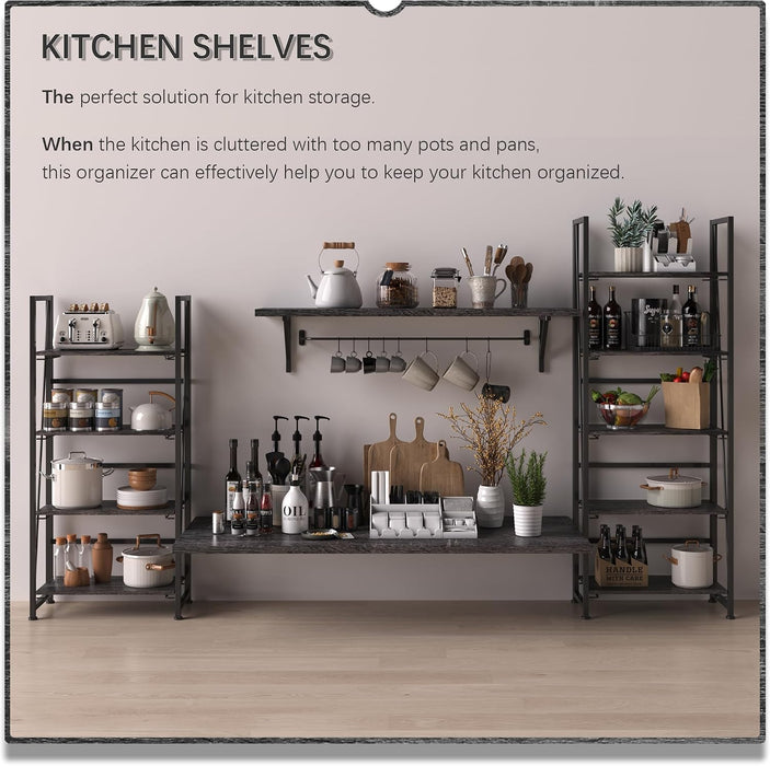 No Assembly Folding Bookshelf Storage Shelves 4 Tier Vintage Bookcase Standing Racks for Bedroom Living Room Home Office