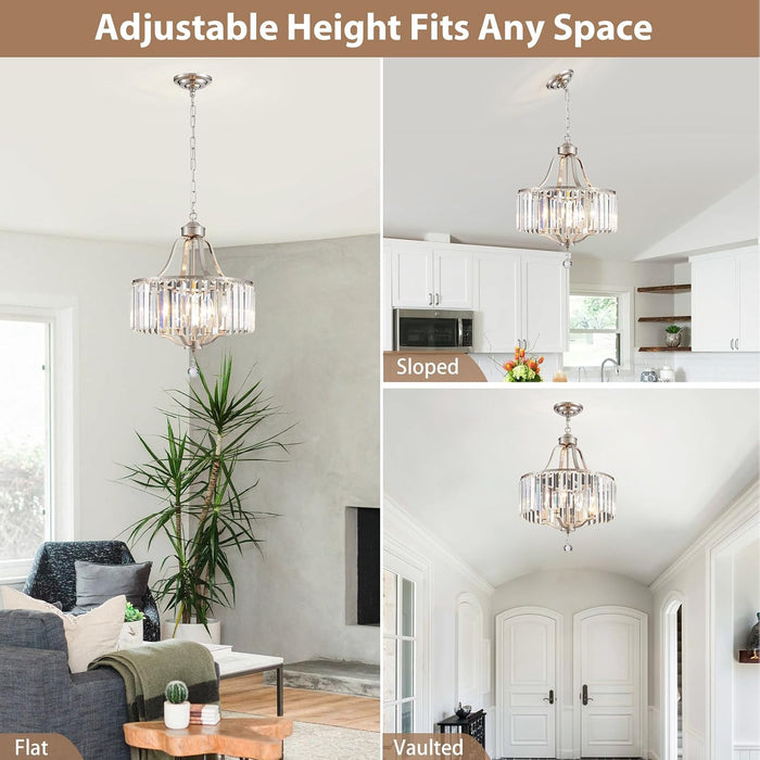 Modern Crystal Chandeliers round 4-Light Large Brushed Nickel Pendant Lighting Fixture for Dining Room Living Room Kitchen Island Bedroom Hallway Hall Foyer, 15.7"