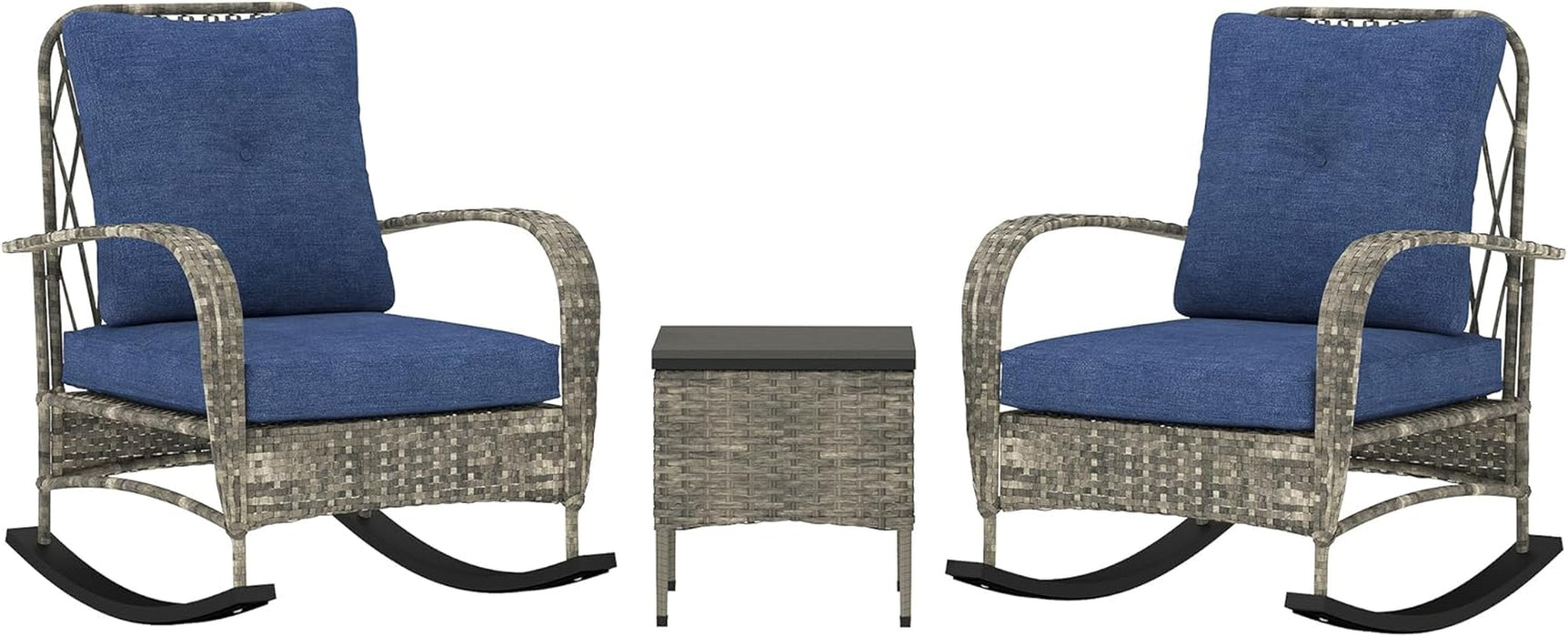 3 Piece Wicker Patio Furniture Set, PE Rattan Rocking Chairs with Coffee Table, Cushions, Outdoor Bistro Set for Porch, Garden, Poolside, Gray