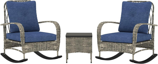 3 Piece Wicker Patio Furniture Set, PE Rattan Rocking Chairs with Coffee Table, Cushions, Outdoor Bistro Set for Porch, Garden, Poolside, Gray
