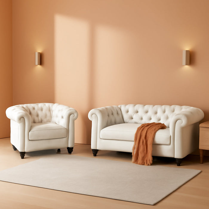 2 Piece Living Room Set, Chesterfield Faux Leather Sofa Couch Chair with Scroll Arms and Nailhead for Living Room, Office (White)